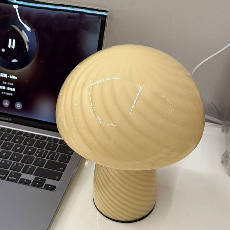 Contemporary Scandinavian Cylinder Glass Table Lamp with Half-Round Mushroom Spiral Texture, 1-Light for Bedroom