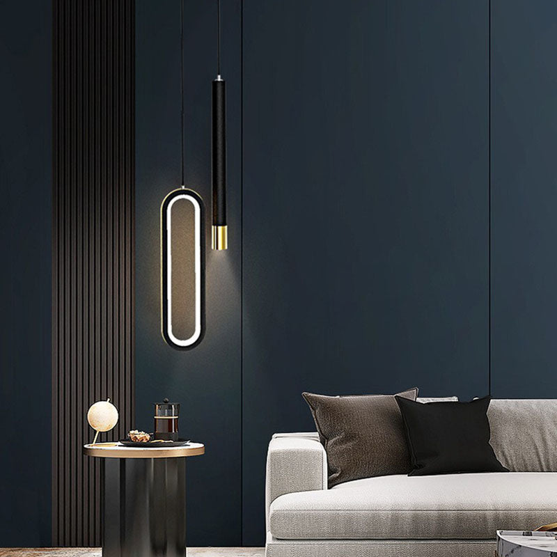 Chic Modern Minimalist Elliptical LED Pendant Light in Iron, Aluminum & Acrylic - Perfect for Bedroom