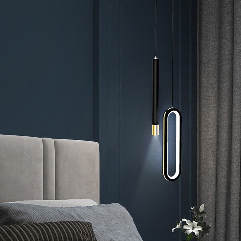 Chic Modern Minimalist Elliptical LED Pendant Light in Iron, Aluminum & Acrylic - Perfect for Bedroom